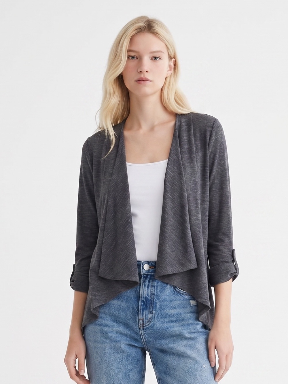 Vintage Y2K B-Wear Byer Dark Gray Open-Front Draped Cardigan Made in USA. L